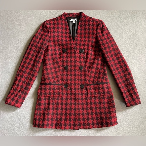 Bar III Jackets & Blazers - Bar III Womens Size 2 Red Black Houndstooth Print Button Up Coat Jacket DC32